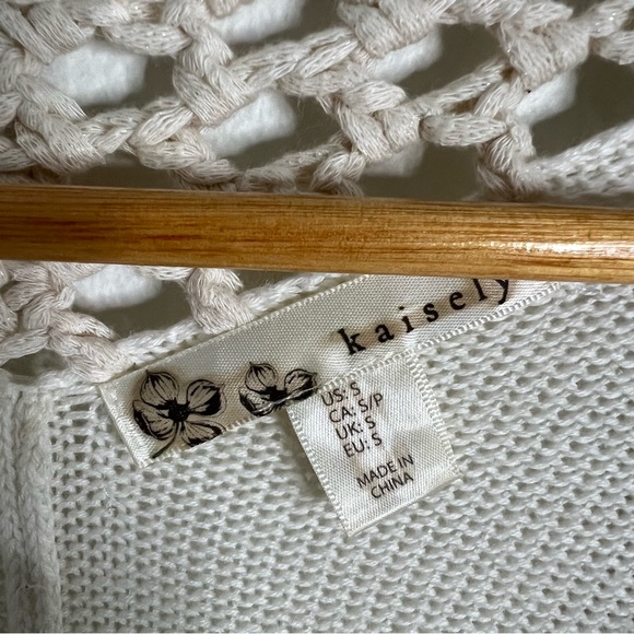 Kaisely Knit Cardigan Fringe Open Front Ivory Blue Pattern Long Sleeve Size S - Picture 9 of 9